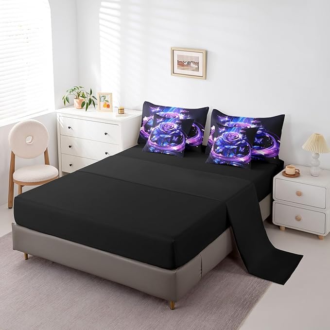 Erosebridal Purple Blue Rose King Bed in a Bag 7 Piece,Romantic Flower Rose Comforter Set with Sheets,Trippy Butterfly Floral Bedding Set Wedding Valentines Day Gifts for Women Girls Girlfriend