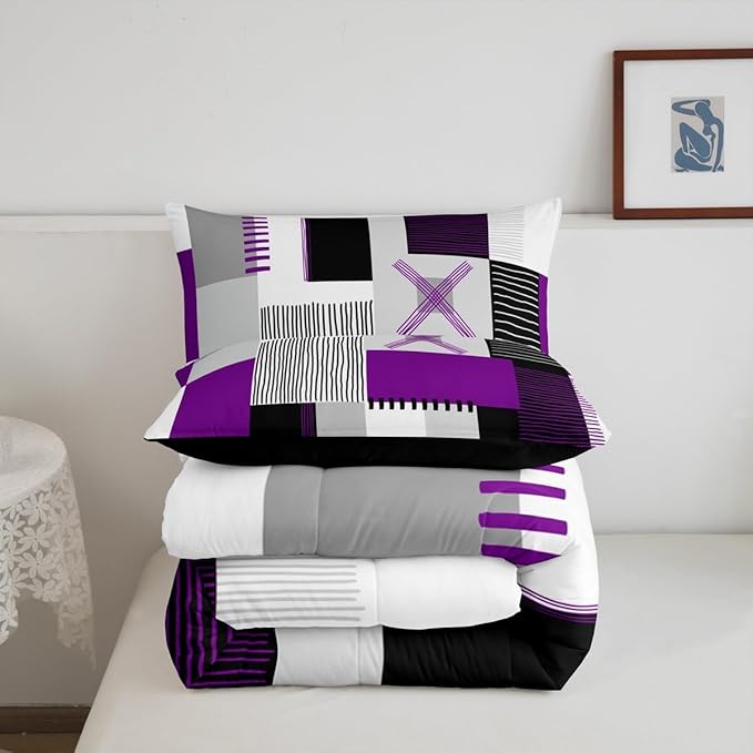 Erosebridal Purple Grey Queen Comforter Set for Girls Women Black White Abstract Bedding Set for Kids Adults Geometric Square Quilt Grids Checkered Duvet Insert Modern Fashion Room Decor 3 Pcs