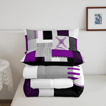 Erosebridal Purple Grey Queen Comforter Set for Girls Women Black White Abstract Bedding Set for Kids Adults Geometric Square Quilt Grids Checkered Duvet Insert Modern Fashion Room Decor 3 Pcs