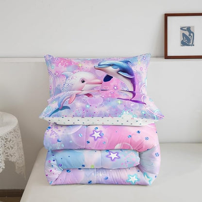 Cute Dolphin Reversible King Size Comforter Set,Pink Blue Couple Dolphin Decor All Season Bedding Set,Teens Rainbow Stars Galaxy Comforter,Dreamy Love Decor Quilt Set Bedroom Collection 3Pcs,Colorful