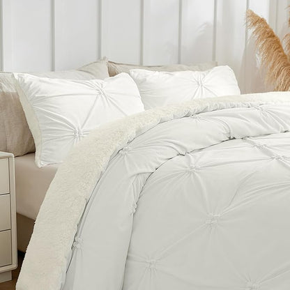 BEDELITE Pintuck Fluffy King Size Comforter Set - Super Soft Sherpa White Comforter for King Size Bed, Luxury Warm Bedding Set for Winter, Fuzzy Bed Set 3 Pieces (1 Comforter, 2 Pillowcases)