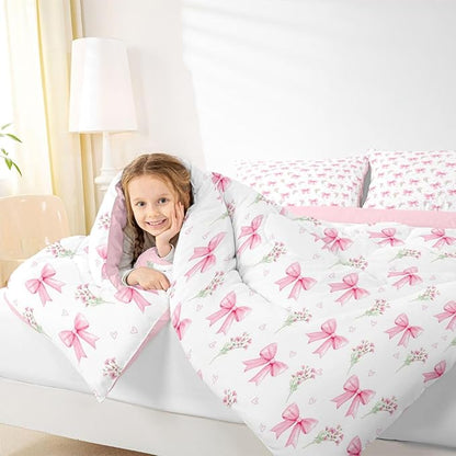 Feelyou Pink Bow Kids Comforter Set Toddler Size Pink Floral Bedding Set Princess Decor Bowknot Duvet Quilt for Kids Boys Girls Bedroom Garden Flower Decor Microfiber Ultra Soft Breathable