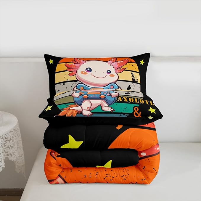 Gamer Bedding Set Axolotl Comforter Set King, Video Games Gaming Down Comforter For Kids Boys Girls Teens, Rainbow Duvet Set, Cute Wildlife Animal Bedroom Decor, Pink Orange, With 2 Pillow Cases