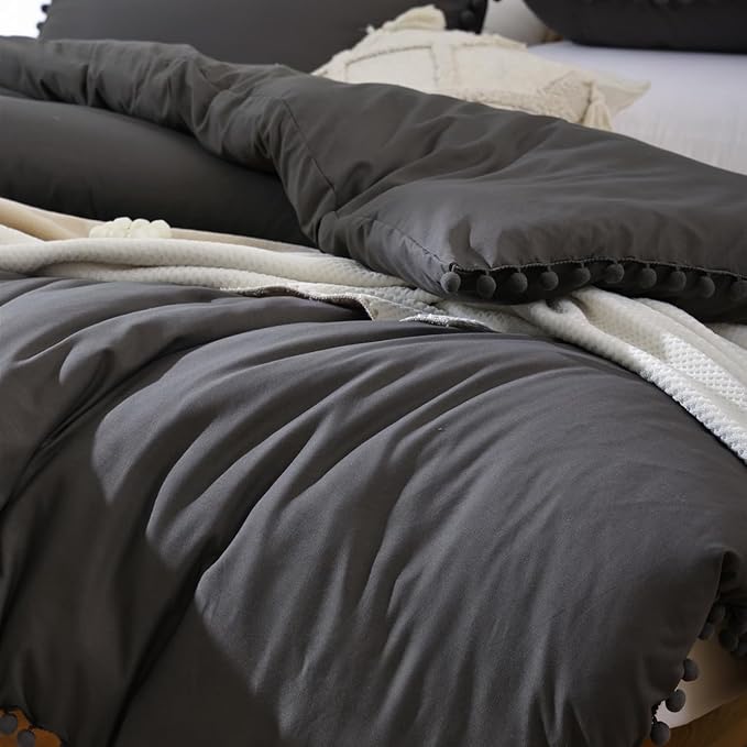 YIRDDEO Full Size Comforter Sets - Full Size Comforter with Ball Pom Fringe, Soft Bedding Set for All Seasons - 3 Pieces, 1 Comforter (79"x90") & 2 Pillow Shams(20"x26"), Charcoal Grey