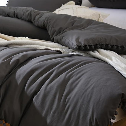 YIRDDEO Full Size Comforter Sets - Full Size Comforter with Ball Pom Fringe, Soft Bedding Set for All Seasons - 3 Pieces, 1 Comforter (79"x90") & 2 Pillow Shams(20"x26"), Charcoal Grey
