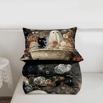 Erosebridal Halloween Vintage Ghost Twin Bedding Set, Boho Floral Boho Bathtub Comforter Set for Kids Boys Girls Halloween Bedroom Decor, Mystical Ghost Cat Comforter, Spooky Bubble Bath Art Quilt