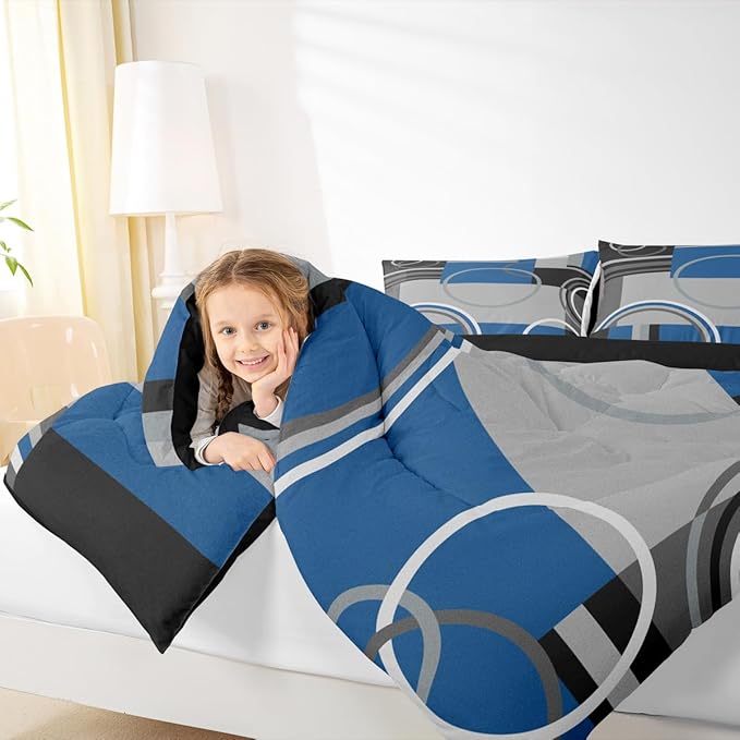 Erosebridal Abstract Circles Comforter Set Twin Modern Blue Black Grey Bedding Checkered Swirls Quilt Set Geometric Striped Duvet Insert Curved Lines Bed Set Modern Creative Quilted Comforter