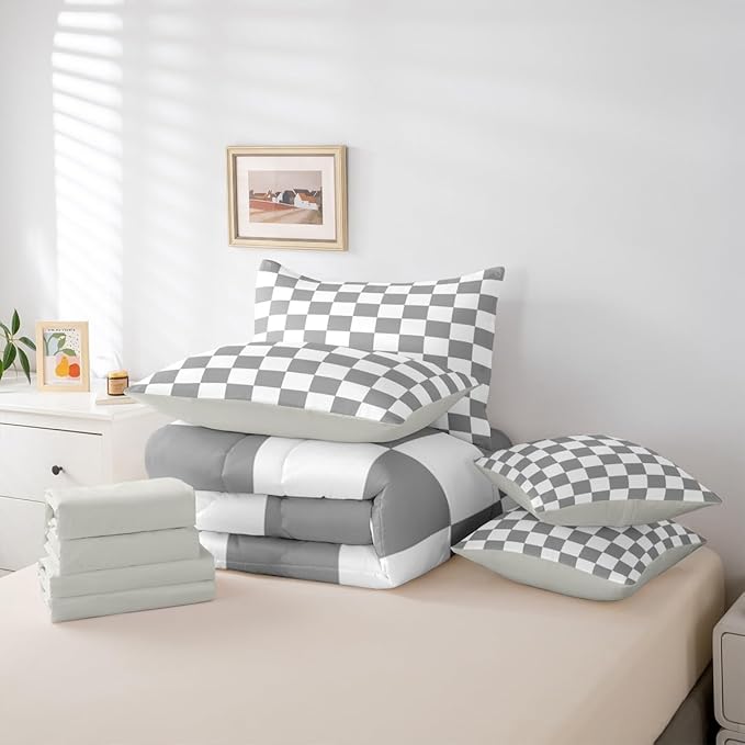 Checkered Retro Comforter Set Twin Size 7 Pieces Grey Plaid Bedding Set for Kids Boys Girls Geometric Vintage Bed in a Bag Modern Simple Groovy Aesthetic Bedroom Decor All Season Quilted Lightweight