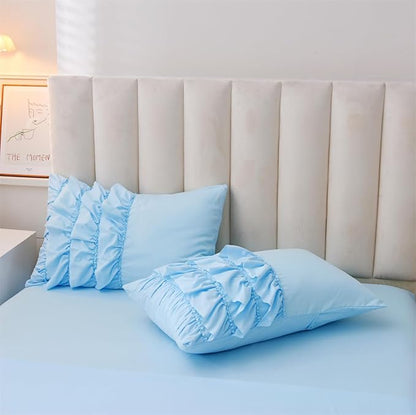 Holawakaka Light Blue Waterfall Ruffle Comforter Set, Full Size Shabby Chic Ruffled Bedding Set for Girls Women, Kids Teens Ruched Dorm Bed Set 3 Pieces