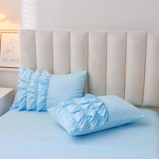 Holawakaka Light Blue Waterfall Ruffle Comforter Set Twin Size Multi-Layers Ruffled Shabby Chic 3PCS Bedding Set for Girls Women