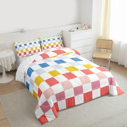 Feelyou Multicolored Checkered Retro Kids Comforter Set Queen Size Geometric Cute Bedding Set Colorful Duvet Quilt for Kids Boys Girls Bedroom Modern Groovy Aesthetic Decor