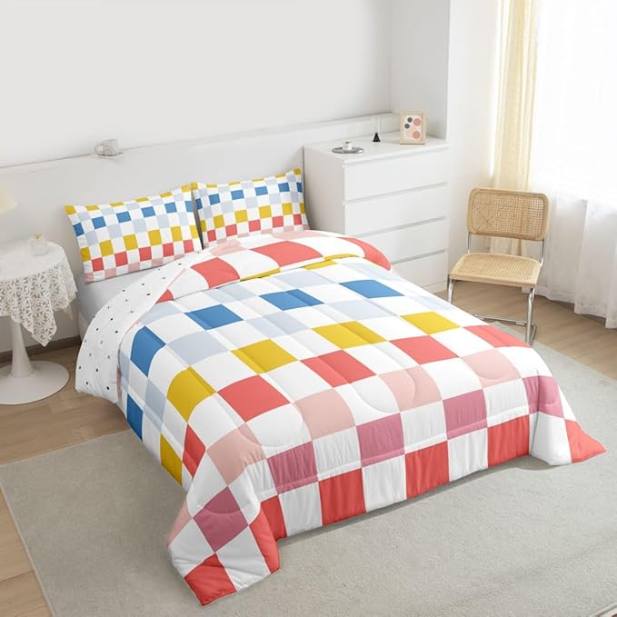 Feelyou Multicolored Checkered Retro Kids Comforter Set Toddler Size Geometric Cute Bedding Set Colorful Duvet Quilt for Kids Boys Girls Bedroom Modern Groovy Aesthetic Decor