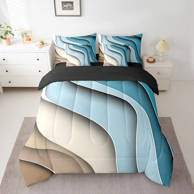 Blue Beige Brown Ombre Bedding Comforter Sets 7pcs for Boys Geometric Stripe Bed in a Bag, Aesthetic Wave Twin Bedding Sets Modern Abstract Comforter Set, Gradient Bedding Sets & Collections