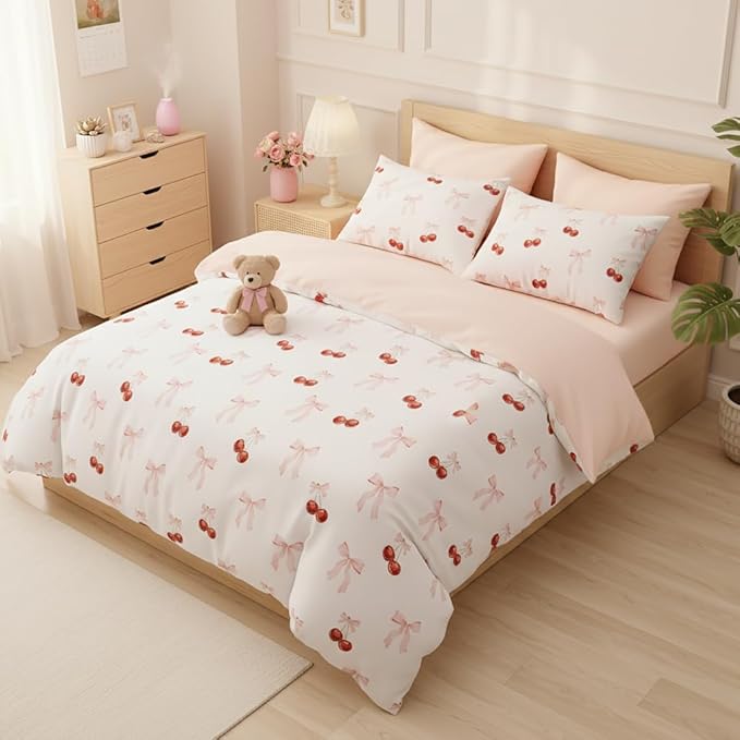 Nayoroom Pink Bow Comforter Set Queen Size Reversible Red Cherry Comforter 3 Pieces Soft Lightweight Kids Girls Cute Aesthetic Dorm