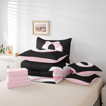 jejeloiu Kawaii Pink Bow Queen Comforter Set with Sheets,Gifts for Women Teen Girl,Monogrammed 7 Piece Bedding Set,Soft Personalized Initial Letter O Bed in a Bag with Comforter,Sheets,Pillowcases