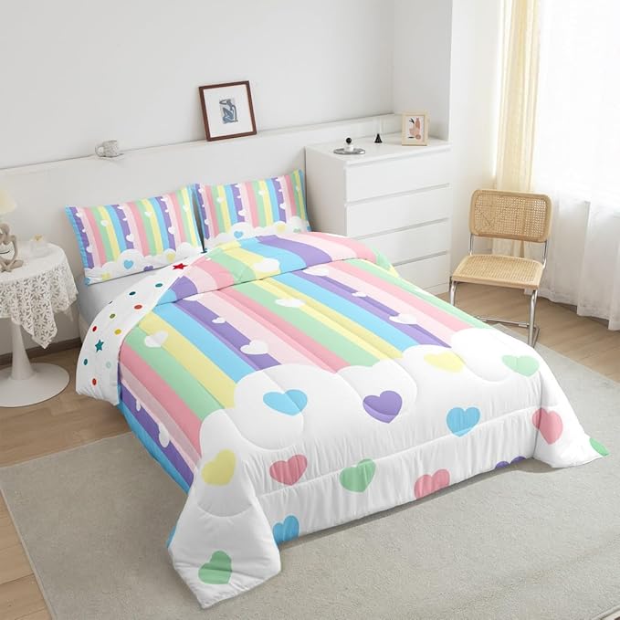 Erosebridal Love Heart Down Comforter Toddler Size,Cartoon Rainbow Comforter Set for Kids Teens Boys Girls, Kawaii Decor Quilt for All Season, Stripes Quilt, Colorful