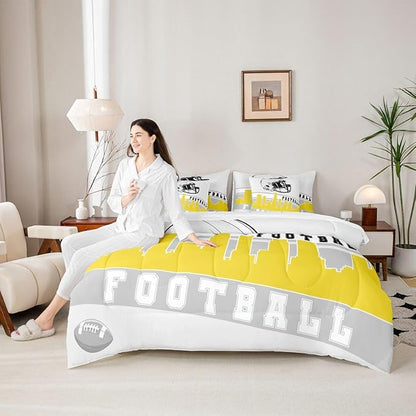 Erosebridal Football 7 Pcs Comforter Set Twin Football City Bedding Teens Grey Yellow Football Fans Sheet Set Bed in A Bag Rugby Game Room Decor Sports Ball Competition Quilt