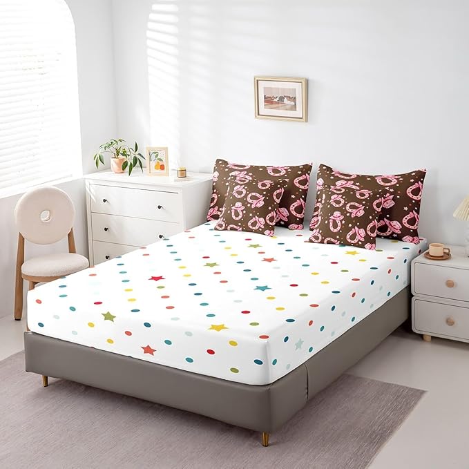 Feelyou Pink Western Cowgirl Comforter Set with Sheets Full Size Kids Rodeo Horseshoe Hat 7 Pieces Bedding Set for Boys Girls Teens West Cowboy Bed in a Bag Grunge Design Bed Set