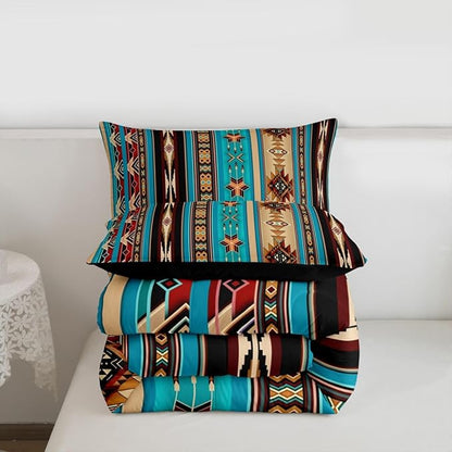 Aztec Bedding Set Ethnic Tribal Arrow Comforter Set,Vintage Southwestern Native Bohemian Quilt Twin,Western Star Duvet Insert Exotic Geometric Diamond Stripes Room Decor,Teal Blue and Brown
