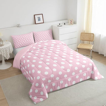 Manfei Polka Dots Comforter Set Twin Size,Cartoon French Style Princess Pink White Bedding Set 2 Pcs for Girls,Modern Geometric Circles Abstract Simple Art Comforter,1 Pillowcase