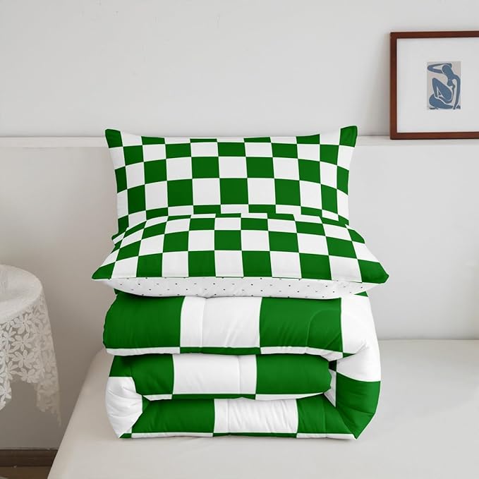 Feelyou Checkered Retro Bedding Set Teen Women Men Green White Plaid Comforter Set Toddler Size Kids Boys Girls Geometric Vintage Duvet Insert Modern Simple Groovy Aesthetic Room Decor