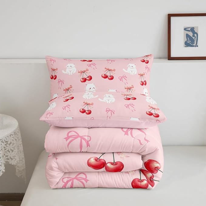Feelyou Pink Girls Bow Comforter Set Toddler Size Cute Cat Bedding Set for Boys Teens Decor Kawaii Cherry Print Comforter Cute Bowknot Duvet Set Bedroom Lovely Bow Quilt Set 2Pcs