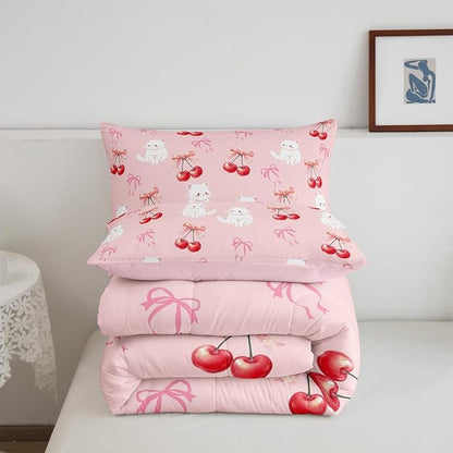 Feelyou Pink Girls Bow Comforter Set King Size Cute Cat Bedding Set for Boys Teens Decor Kawaii Cherry Print Comforter Cute Bowknot Duvet Set Bedroom Lovely Bow Quilt Set 3Pcs