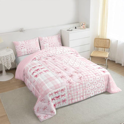 Feelyou Pink Bow Kids Comforter Set King Size Princess Bow Bedding Set Cute Bowknot Duvet Quilt for Kids Boys Girls Bedroom Kawaii Decor Microfiber Ultra Soft Breathable