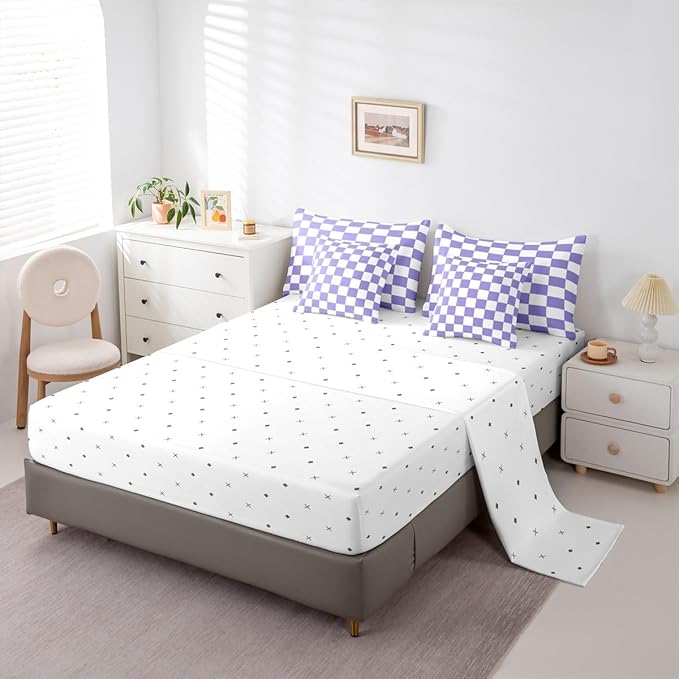 Feelyou Checkered Retro Comforter Set with Sheets 7 Piece King Size Purple Plaid Bedding Set for Kids Boys Girls Geometric Vintage Bed in a Bag Modern Simple Groovy Aesthetic Room Decor Soft