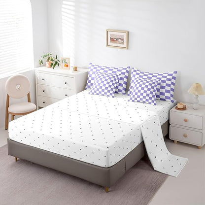 Feelyou Checkered Retro Comforter Set with Sheets 7 Piece King Size Purple Plaid Bedding Set for Kids Boys Girls Geometric Vintage Bed in a Bag Modern Simple Groovy Aesthetic Room Decor Soft