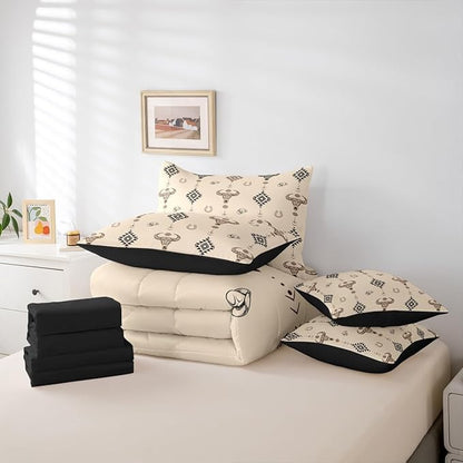 Erosebridal Cowboy Hat 7 Piece Bedding Set Full Bull Skull Comforter Set with Sheets Cowboy Hat Dot Western Beige Aztec Bed in a Bag Horseshoe Geometric Boho Arrow for Teens Men Women