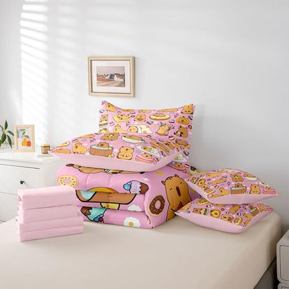 Cute Capybaras 7 Pieces Bedding Set King Size,Pink Cartoon Capybara Bed in a Bag,Kawaii Rodent Animals Bed Set Includes Comforter,Sheet Set,Pillowcases & Pillow Covers,Ice Creams Cakes Bedroom Decor