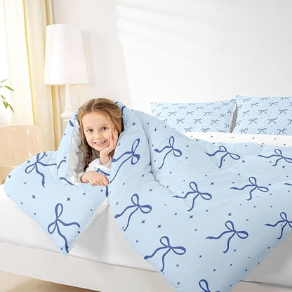 Erosebridal Blue Bow Comforter Set King Size Coquette Bows Bedding Set Trendy Cute Ribbon Bowknot Comforter for Teen Girls Kids Women Bedroom Girly Preppy Princess Quilt Duvet