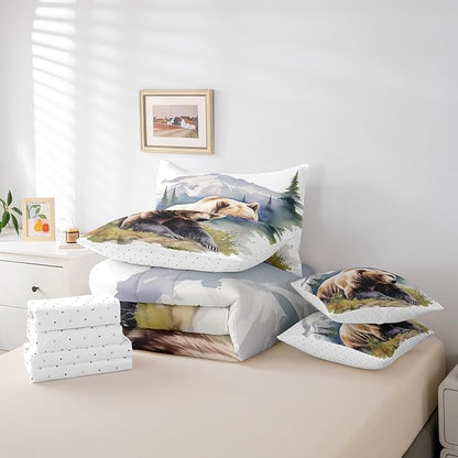 Erosebridal Brown Bear Full Comforter Set for Boys Rustic Wildlife Theme Bedding Bed in A Bag, Farmhouse Cabin Decor Bed Set Bedroom Decor 7 Pieces for Kids Teens Youth