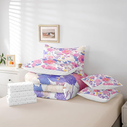 Feelyou Flowers Comforter Set King Size 7 Pieces Floral Botanical Bedding Set for All Season Branches Nature Theme Bed in a Bag with Comforter, Sheets, Pillowcases & Cushion Cover
