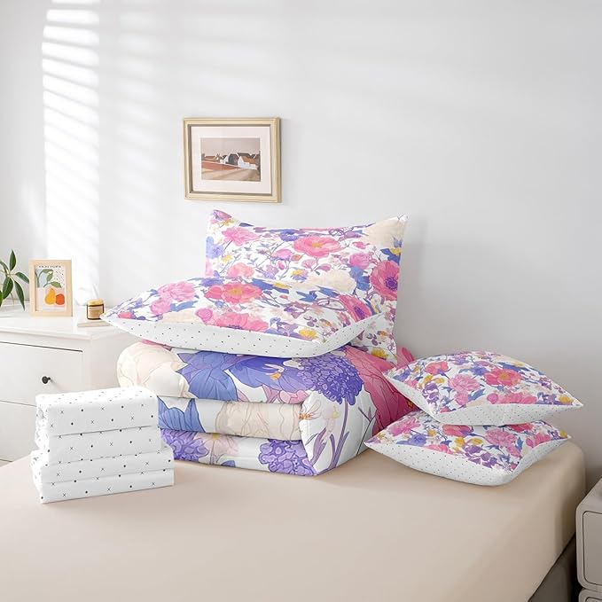 Feelyou Flowers Comforter Set Queen Size 7 Pieces Floral Botanical Bedding Set for All Season Branches Nature Theme Bed in a Bag with Comforter, Sheets, Pillowcases & Cushion Cover