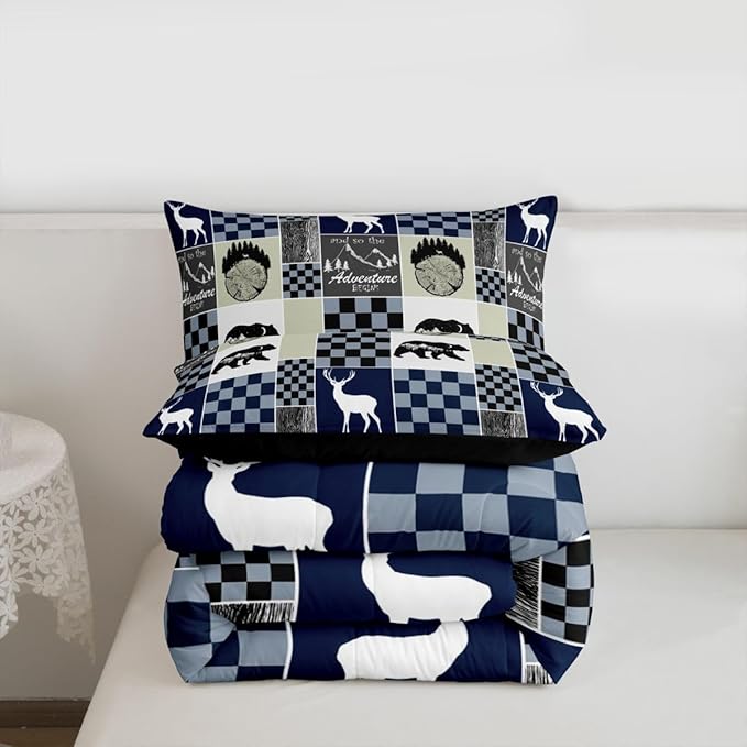 Retro Farmhouse Cabin Comforter Set, Rustic Bear Deer Quilt Queen Size, Camping Lodge Forest Bedding Hunting Animal Blue Plaid Duvet Insert For Kids Teens Adult Bedroom Decor, Cabin Gifts For Men