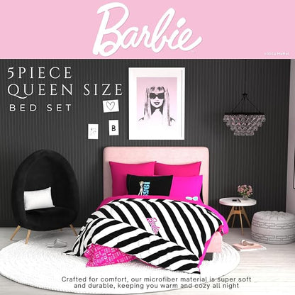 Barbie 1959 Super Soft Cozy Reversible Comforter and Sheet Set, 5 Piece Queen Size, (Official Licensed Product) by Franco Collectibles