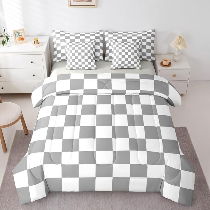 Checkered Retro Comforter Set Full Size 7 Pieces Grey Plaid Bedding Set for Kids Boys Girls Geometric Vintage Bed in a Bag Modern Simple Groovy Aesthetic Bedroom Decor All Season Quilted Lightweight