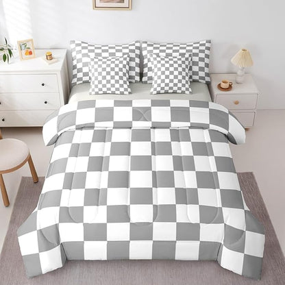 Checkered Retro Comforter Set Full Size 7 Pieces Grey Plaid Bedding Set for Kids Boys Girls Geometric Vintage Bed in a Bag Modern Simple Groovy Aesthetic Bedroom Decor All Season Quilted Lightweight