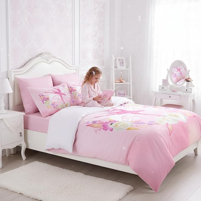 Kids Pink Ballerina Comforter Set Queen Size Cute Butterfly Floral Microfiber Bedding Set,Girl Princess Bed Set with 2 Pillowcases, 90'' x90''