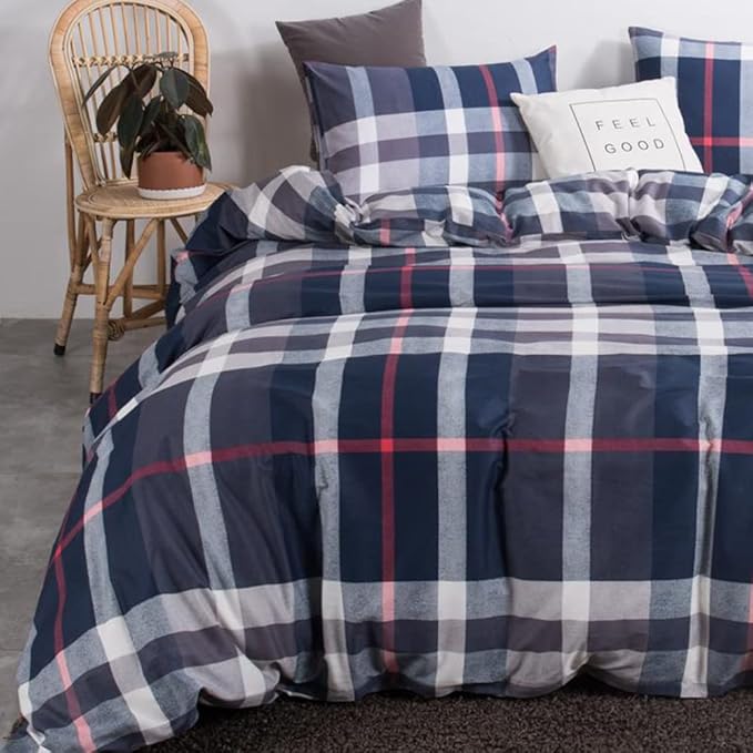 CLOTHKNOW Blue Plaid King Size Comforter Set 3Pcs Tartan Bedding Comforter Sets Soft Blue White Grey Red Comforter with 2 x Pillow Cases