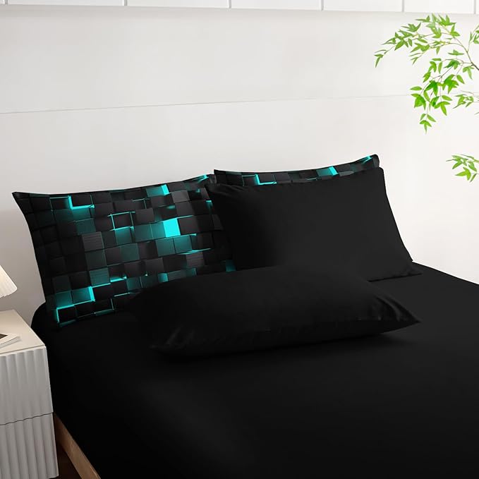 Geometric Turquoise Black Queen Comforter Set,Light Honeycomb Bedding Set 7 Piece in A Bag,Bed Sheet Set Geometry Decor,Microfiber Lightweight All Season