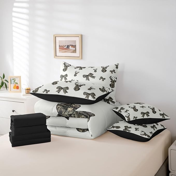Erosebridal Camouflage Comforter Set Deer Bow Bed in A Bag Queen Size 7 Pieces Hunting Ribbon Army Bowknot Camo Rustic Bed Set Brown Beige Bedding