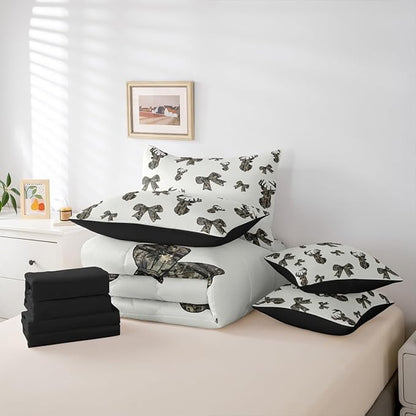 Erosebridal Camouflage 7 Piece Bedding Set Twin Deer Bow Comforter Set with Sheets Hunting Ribbon Army Bowknot Camo Rustic Bed in A Bag Brown Beige Bed Sets