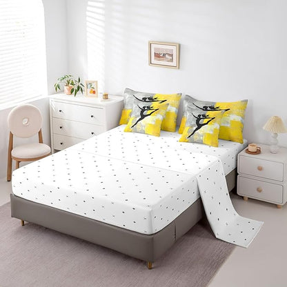 Girls Gymnastics Bed in a Bag 7pcs Yellow Grey Gradient Bedding Comforter Sets, Watercolor King Bedding Sets (1 Comforter, 1 Fitted Sheet, 1 Flag Sheet, 2 Pillowcases, 2 Throw Pillow Covers)