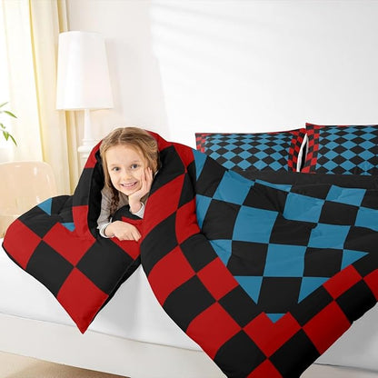 Feelyou Checkered Retro Bedding Set for Boys Girls Red Blue Black Plaid Comforter Set King Size Geometric Vintage Duvet Quilt Modern Simple Groovy Aesthetic Bedroom Decor 3 Pcs with 2 Pillow Cases