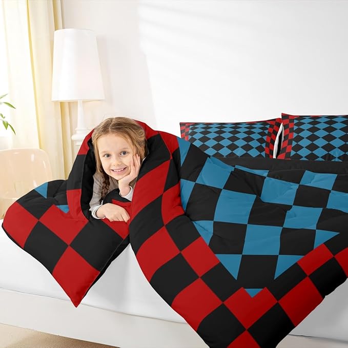 Feelyou Checkered Retro Bedding Set for Boys Girls Red Blue Black Plaid Comforter Set Toddler Size Geometric Vintage Duvet Quilt Modern Simple Groovy Aesthetic Bedroom Decor 2 Pcs with 1 Pillow Cases