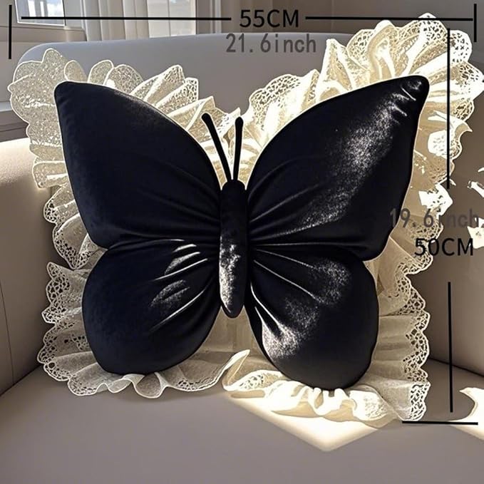 Butterfly Throw Pillow,21.6 inch Velvet Butterfly Decorative Pillow with Lace Trim,Animal Pillow for Couch Living Room Bed,Home Garden Decor (Purple)