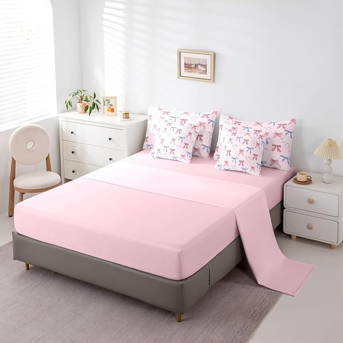 Erosebridal Ribbon 7 Piece Bedding Set Twin Bowknot Comforter Set with Sheets Fairy Kawaii Sweet Bow Dreamy Bed in A Bag Pink Blue Bed Sets